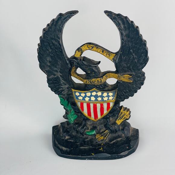 VTG Hubley Antique Book Ends Cast Iron Old Abe American Eagle w/ 13 Star Shield - Picture 2 of 4